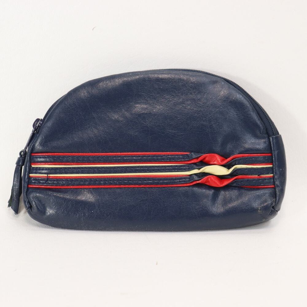 Vtg 90s Ralfeaux Clutch Bag S Pouch Makeup Cosmetic Navy Blue Red White 2 Zip